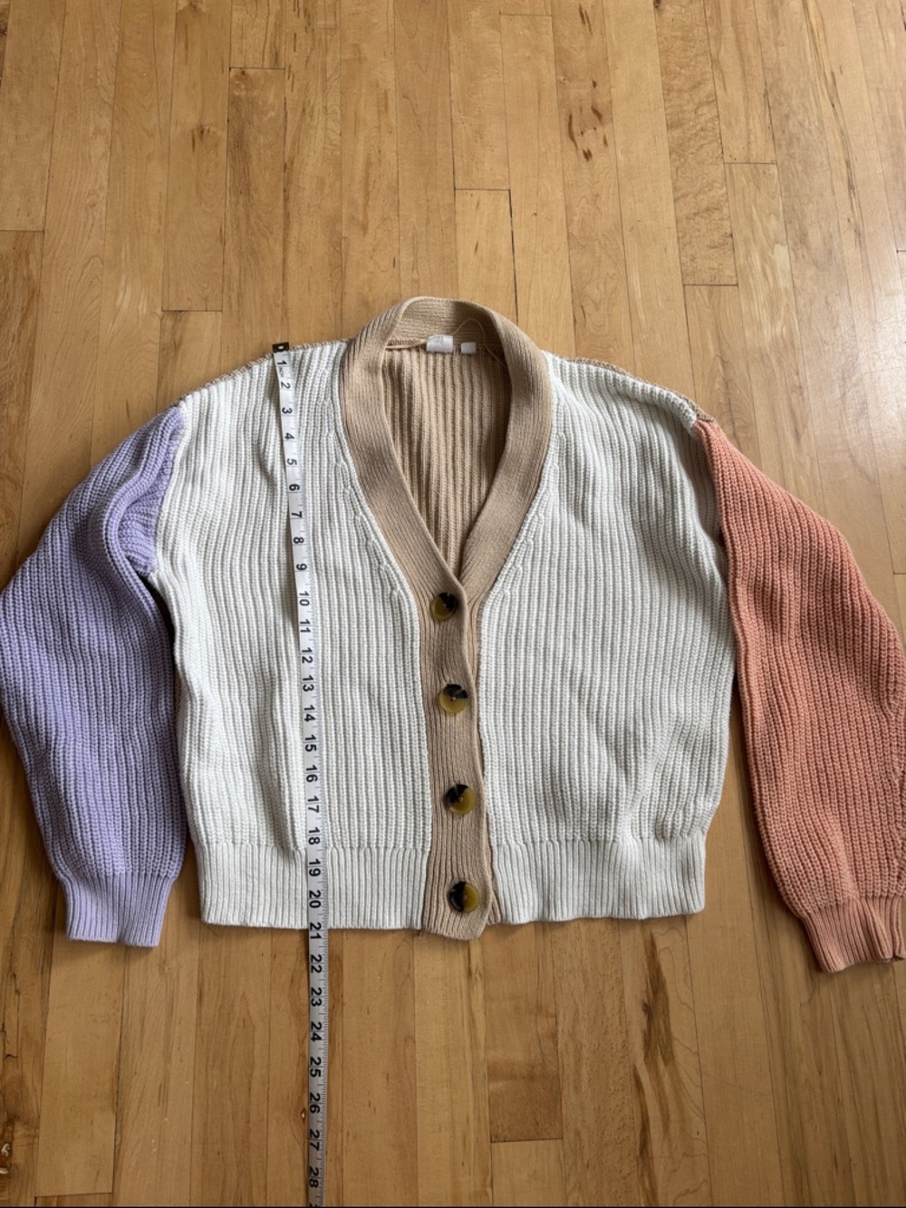 GAP Colorblock Rib-Knit Button Cardigan - Cream with Lavender & Peach Sleeves